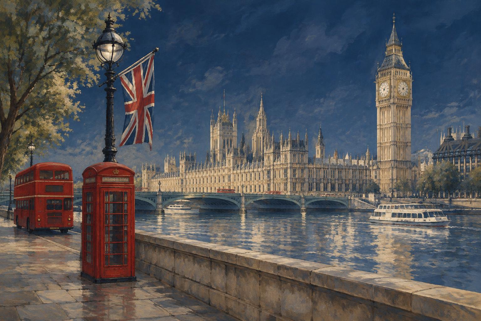 Ilustracja Londynu: Big Ben, czerwony autobus i budka telefoniczna